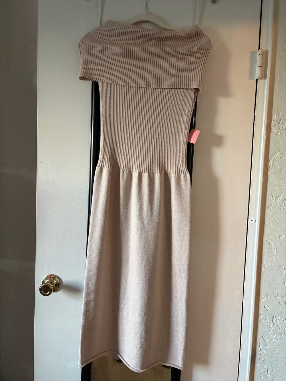Maison Margiela Ribbed Knit Off-Shoulder Wool Midi Dress in Beige